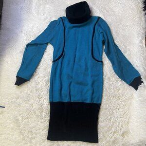 Vintage 80s Dressy Tessy Ribbed Knit Sweater Dress Turtle Neck Color Block Blue